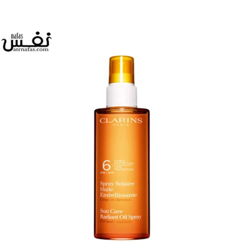 اسپری ضد آفتاب روغن برنزه کننده Spf 6 کلارنس | Clarins Aceite Radiante Pantalla Solar Bronceadora SPF6 Cuerpo y Cabello 150ml/5.1oz